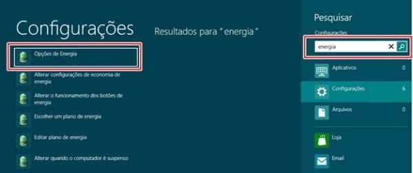 Abrindo as opções de energia